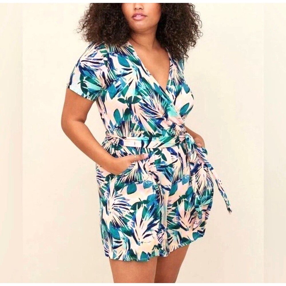 Torrid (Sz 5) Super Soft Surplice Romper Pink Green Botanical Print
